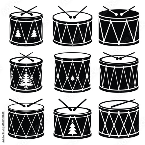 christmas drum silhouette icon set, Vector illustration