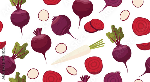 Vibrant seamless pattern of fresh beets and parsnips adds a healthy, earthy touch to any design project or wellness campaign background
