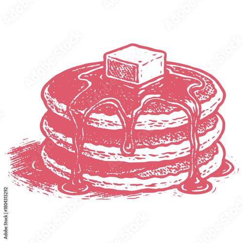 A stack of pancakes with a piece of melting butter and dripping syrup. Hand-drawn vector illustration in a vintage, retro engraving or woodcut print style.