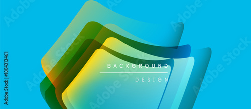 Abstract geometric shapes overlap, creating vibrant color gradients. Blue backdrop complements layered design elements. Text reads background design.