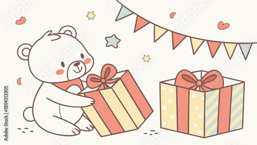Cute teddy bear with presents and party banner creating a festive and celebratory atmosphere image