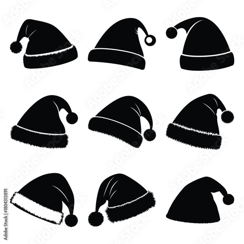 santa hat silhouette icon set, Vector illustration