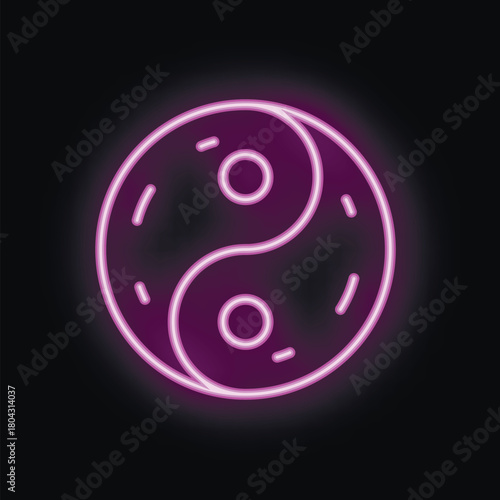 Neon purple glowing yin yang symbol is isolated on a black background