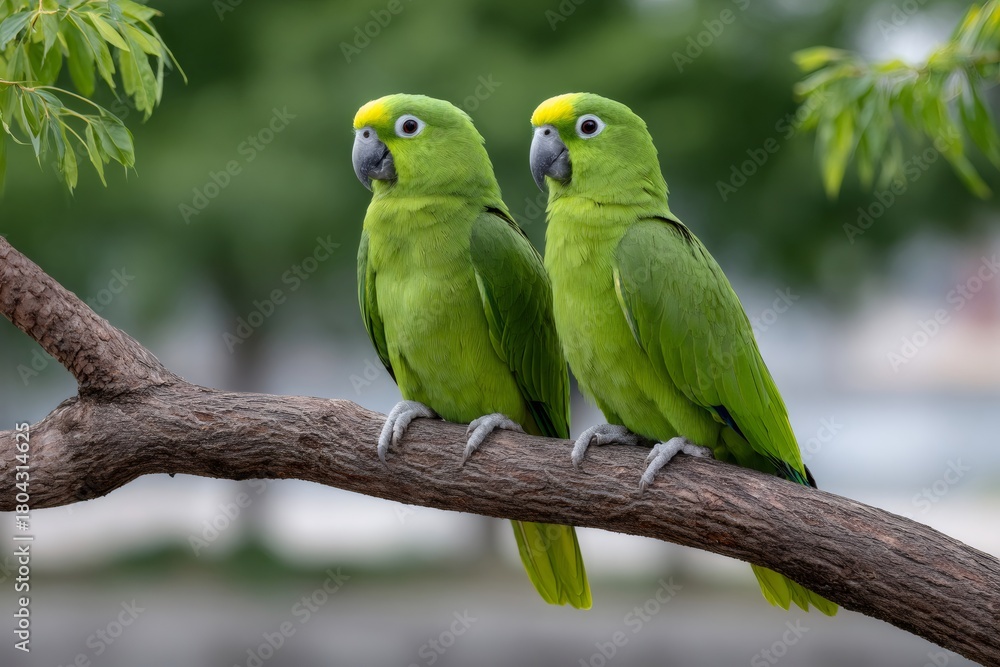 Fototapeta premium Two parrots perching on tree branch in nature
