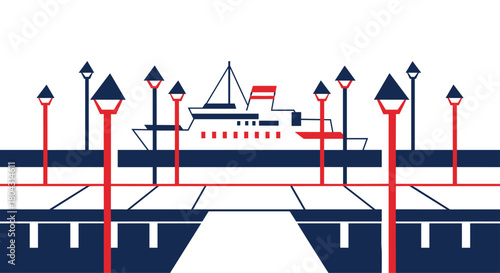 Modern ferry boat illustration with vibrant red accents perfect for travel blogs, nautical themes, or coastal business branding projects