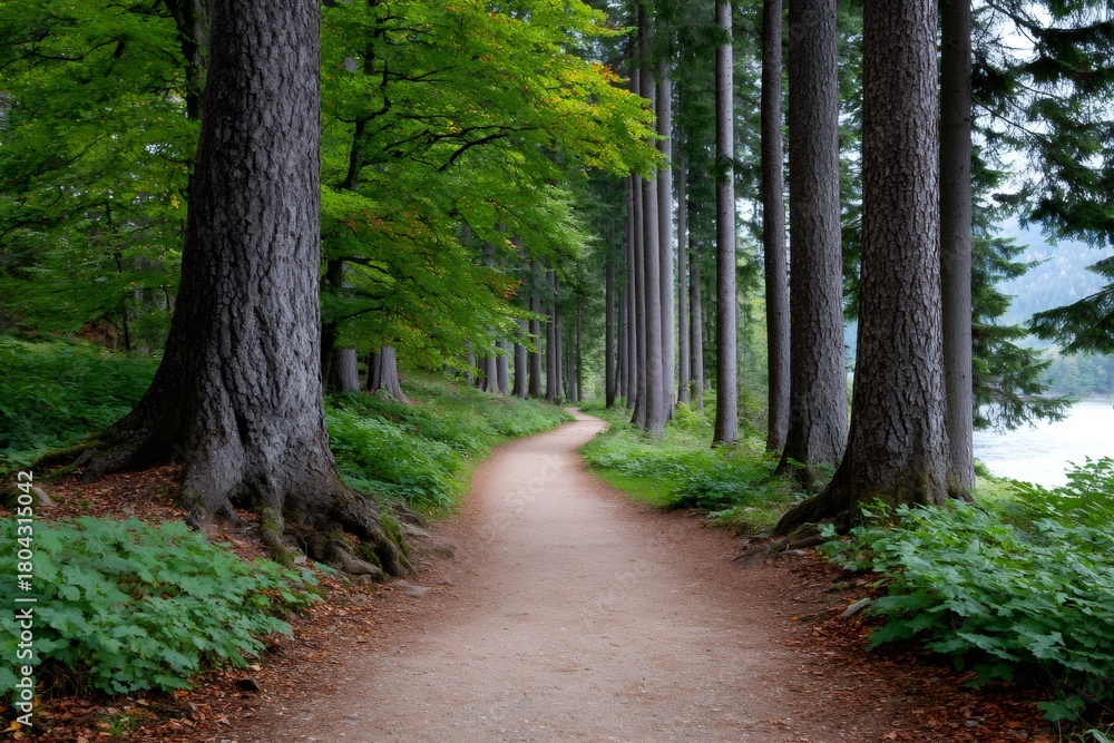 Fototapeta premium Forest path winding through green pine and deciduous trees