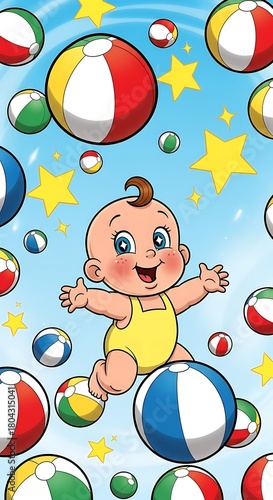 Cute Baby Boy Playing with Beach Balls and Stars on a Bright Blue Sky Background.