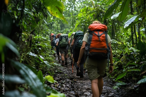 Group of hikers backpacking through muddy rainforest trail