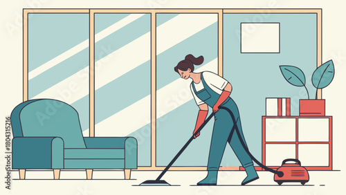 Professional cleaner vacuuming living room with modern furnishings and plants in bright atmosphere