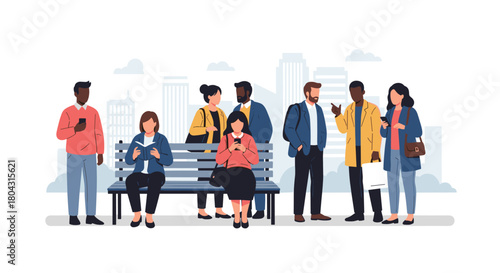 Diverse group of people using technology and relaxing on a bench in a modern city park with skyscrapers and blue sky creating a happy vibe