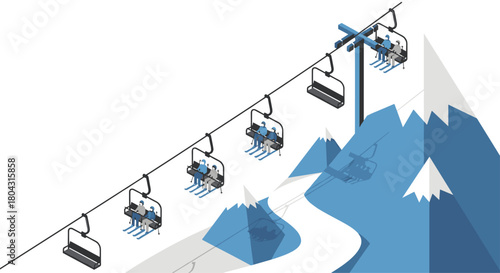 People enjoying the mountains on a chairlift, perfect for travel brochures or marketing materials for a winter getaway, ski resort, or vacation