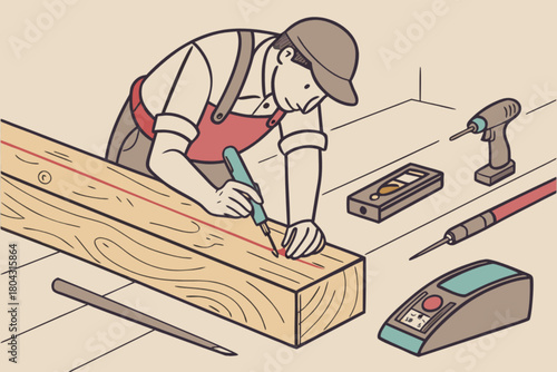 Skilled carpenter meticulously marks wood with precision tool, surrounded by essential carpentry equipment for detailed craftsmanship and construction projects.