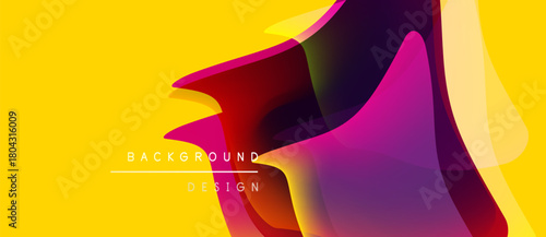 Vibrant abstract design. Yellow backdrop features overlapping magenta, purple, crimson shapes. Modern, dynamic visual composition.