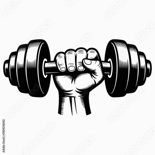 Weightlifting Power: A robust arm firmly grips a dumbbell, showcasing raw strength and dedication to fitness. This monochrome illustration encapsulates the essence of a rigorous workout