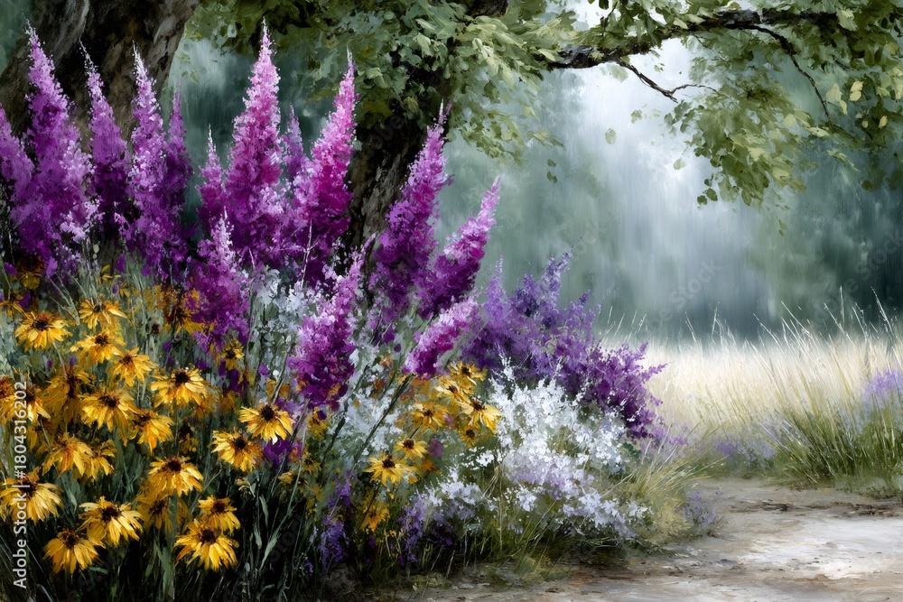 Obraz premium Impressionist rendering of vibrant wildflowers in a garden path