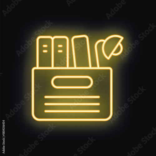 Neon yellow icon of a stationery organizer with pencils, pens and a sharpener, glowing on a dark background