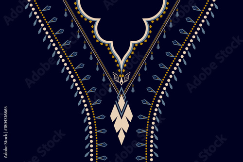 Elegant boho-inspired collar placement print in navy, gold, and blue. Ideal for fashion garments, tunics, kaftans, textile design, and decorative apparel accents.