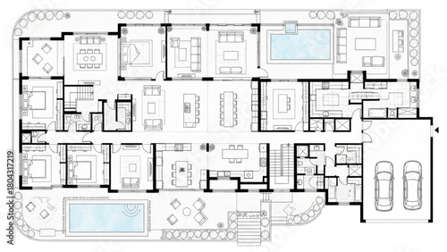 Black architectural floor plan of luxury house featuring master suite, walk-in closet, open kitchen, garage, and patio with precise measurements