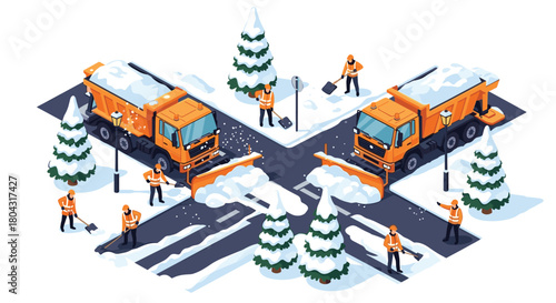 City workers expertly clearing snow from streets with plows and shovels after winter storm for safe commuting and travel during winter months