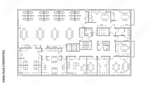 Minimal black line floor plan of office space with cubicles, meeting rooms, reception, storage, and corridor pathways