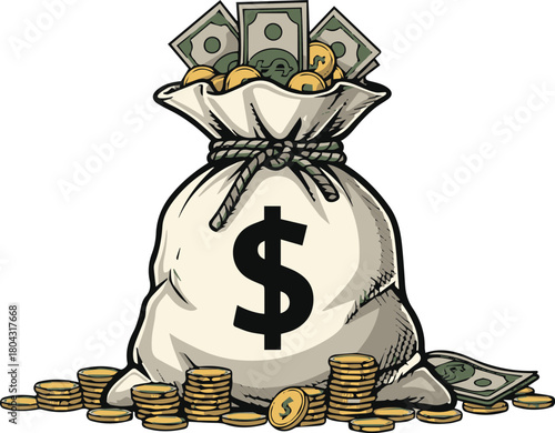 A large money bag with a prominent dollar sign, overflowing with cash and gold coins, surrounded by scattered currency.