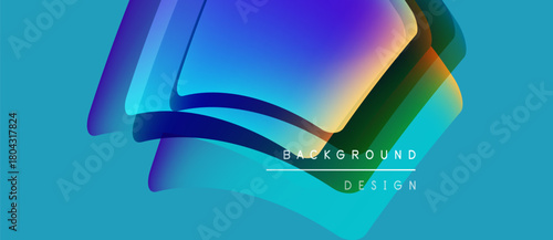 Abstract colorful shapes overlap, creating dynamic visual effect. Turquoise background complements vibrant hues. Modern design element.