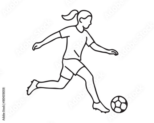 Dynamic line art of a girl kicking a soccer ball with force, symbolizing athleticism, teamwork, and the joy of sports in a simple, modern style