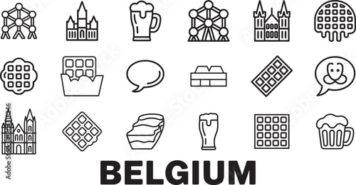 Belgium traditional vector outline icon set food culture architecture landmarks transportation symbols collection.