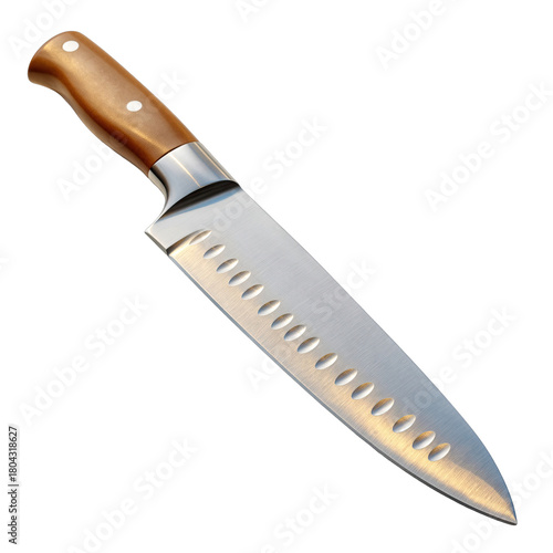 Professional Chef Knife With Light Brown Wooden Handle and Silver Steel Blade Isolated on Black Background Studio Lighting Realistic Reflection