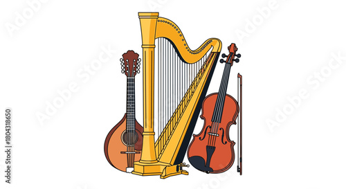 Classical instruments for music lovers including violin, mandolin, and harp create a bright, welcoming, musical atmosphere for any project