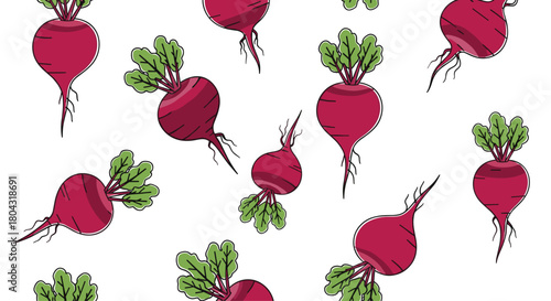 Vibrant beet pattern for healthy food promotions, adds a fresh, organic feel to any design project with a contemporary, playful aesthetic