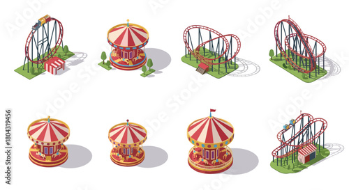 Fun isometric amusement park rides featuring carousels and rollercoasters ready for thrilling adventures and joyful memories, perfect for summer fun