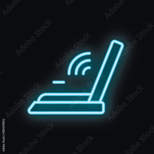 Blue neon icon of a wifi router emitting a signal on a black background