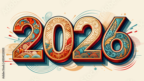 Creative art word "2026", hand-drawn vector illustration