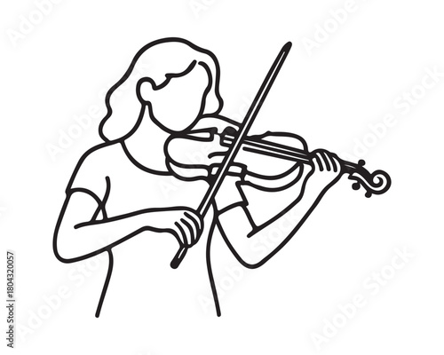 Elegant woman performing violin solo with a simple outline style, perfect for music education or minimalist design projects to add a touch of class
