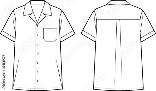 Short sleeve camp collar shirt technical flat drawing vector, front and back view outline mockup, casual Hawaiian apparel template graphic