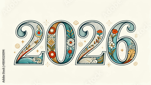 Creative art word "2026", hand-drawn vector illustration
