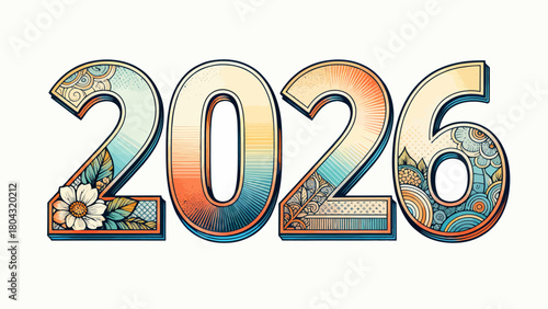 Creative art word "2026", hand-drawn vector illustration