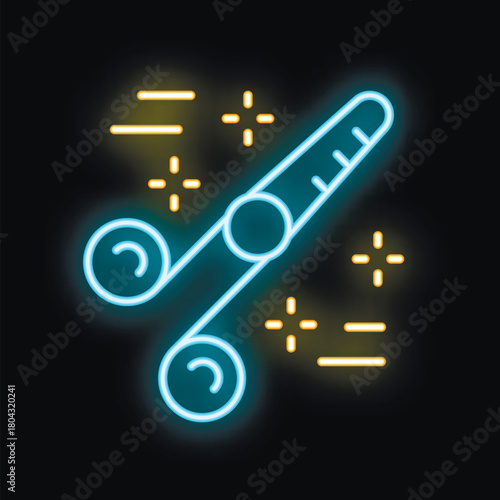 Blue and yellow neon icon of a hair straightener glowing on a dark background