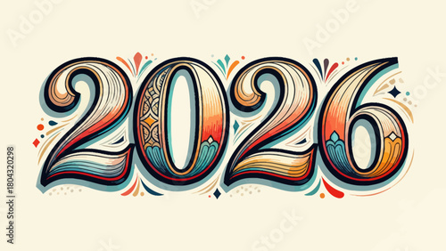 Creative art word "2026", hand-drawn vector illustration