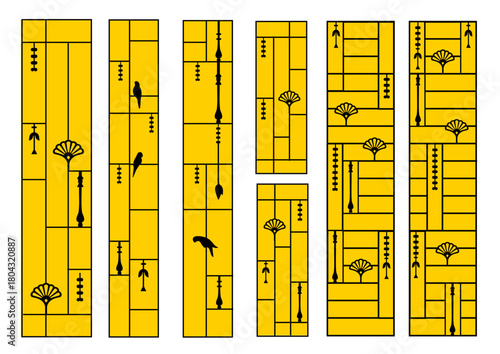 Set of Abstract Art Deco Style Geometric Panels with Floral and Bird Motifs, vertical grill design