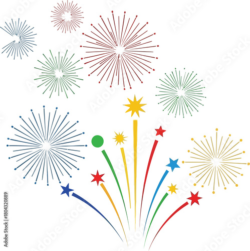 Colorful fireworks exploding on white background for festive celebrations
