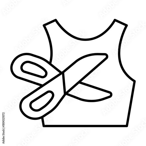 Scissors and fabric sample shape thin line icon, sewing tools concept. Vector graphics. Shirt contour with scissors sign on white background, style icon mobile or web design.