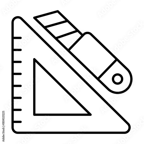 Ruler with utility knife thin line icon, sewing theme concept. Vector graphics. Triangle ruler and cutting tool, stationery sign on white background, style icon mobile or web design.