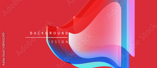 Abstract fluid shapes overlap, creating vibrant color gradients. Red dominates background, blue and pink accents present. Modern design element.
