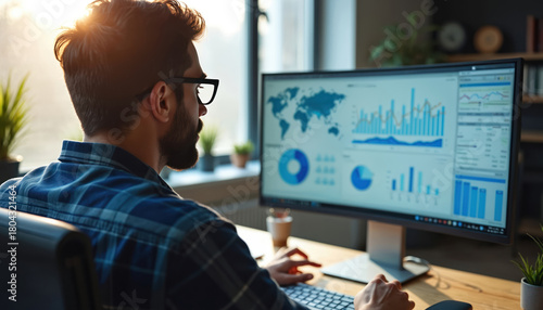 Focused businessman analyzes data on computer screen. Studies website analytics, search engine optimization strategies. Man examines digital metrics to improve online visibility, business performance.