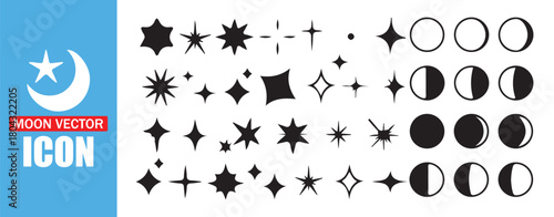 Varied Stars, Sparkles, and Moon Phases Vector Icon Set