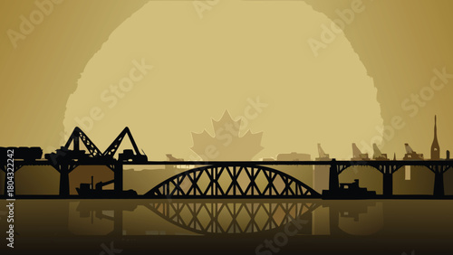 A vibrant vector illustration depicts a bridge under construction spanning a wide river during the warm glow of golden hour showcasing engineering and natural beauty