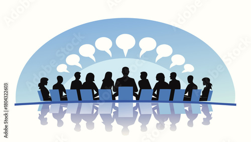 Diverse business professionals depicted as silhouettes arranged in a dynamic curved semi circle representing teamwork and corporate synergy