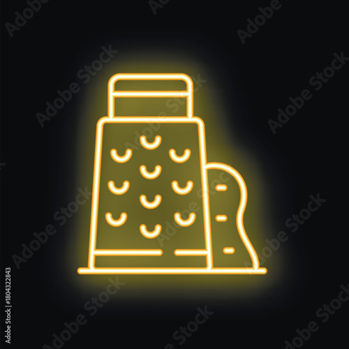Yellow neon sign of a cheese grater simplifying meal preparation